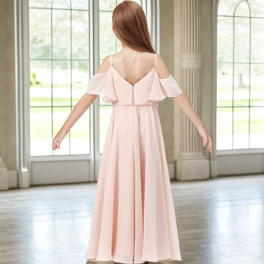 Simple A-Line Cold Shoulder Cape Floor-Length Chiffon Junior Bridesmaid Dress/Girls Birthday Dresses Girls Gidiondress