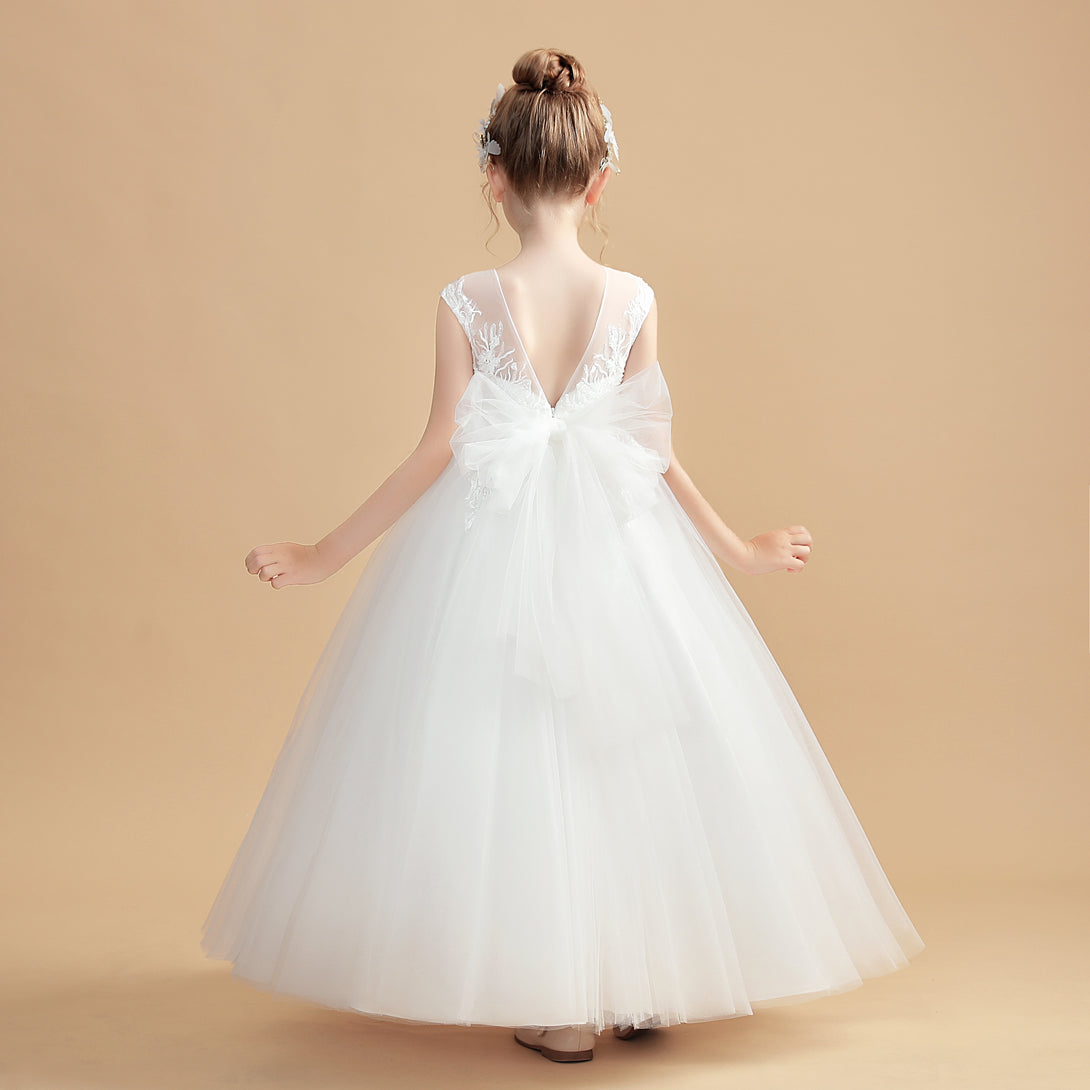 Ball Gown/Princess Sleeveless Scoop Neck Floor-Length Tulle/Lace Flower Girl Dresses/First Communion Dress With Bow/Appliques Girls Gidiondress