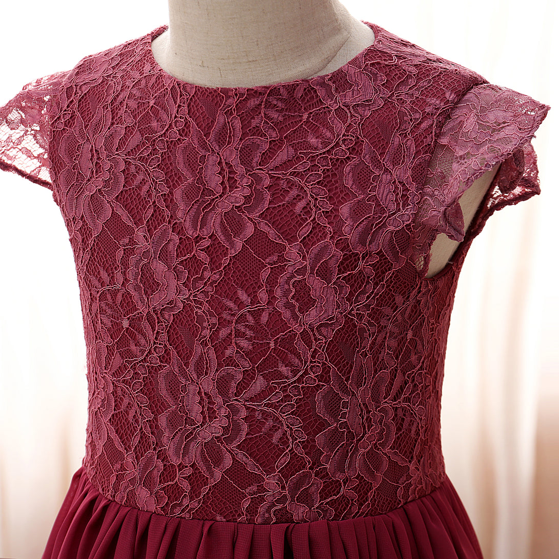 Boat Neck Flutter Straps Floor-Length Lace/Chiffon Girls Birthday Dresses With Ruffled Hem Girls Gidiondress