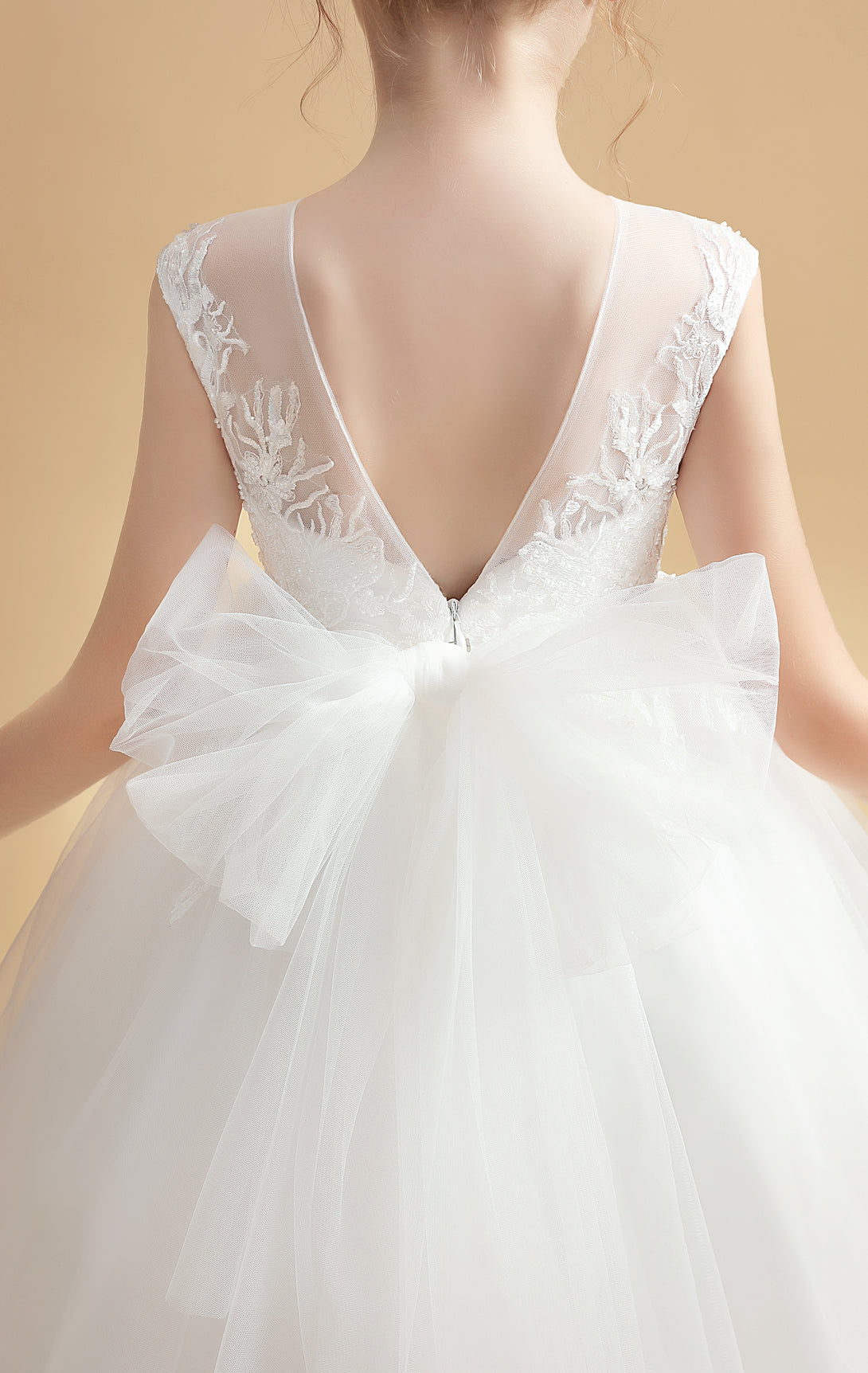 Ball Gown/Princess Sleeveless Scoop Neck Floor-Length Tulle/Lace Flower Girl Dresses/First Communion Dress With Bow/Appliques Girls Gidiondress
