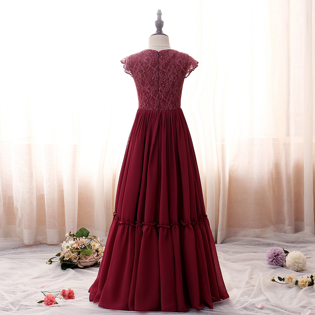 Boat Neck Flutter Straps Floor-Length Lace/Chiffon Girls Birthday Dresses With Ruffled Hem Girls Gidiondress