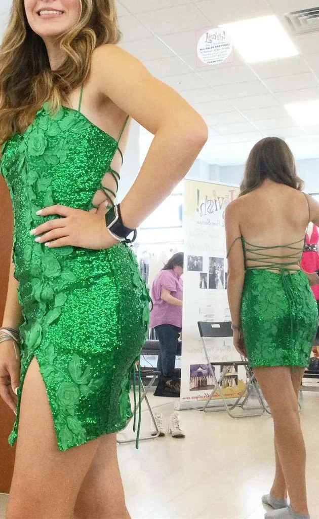 Sheath Sequin Open Back Homecoming Dress with 3D Flowers Homecoming Dress BabaMila