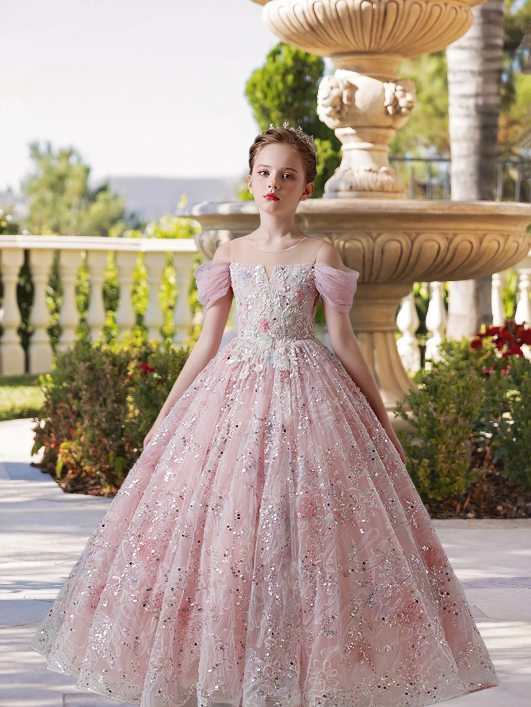 Dazzling Scoop Neck Cold Shoulder Floor-Length Tulle/Lace/Sequins Ball Gown/Princess With Appliques Girls Gidiondress Pink 12M
