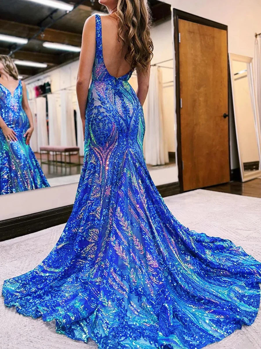 Trumpet/Mermaid V-Neck Sleeveless Floor-length Long Prom Floral Dresses with Sequins BabaMila