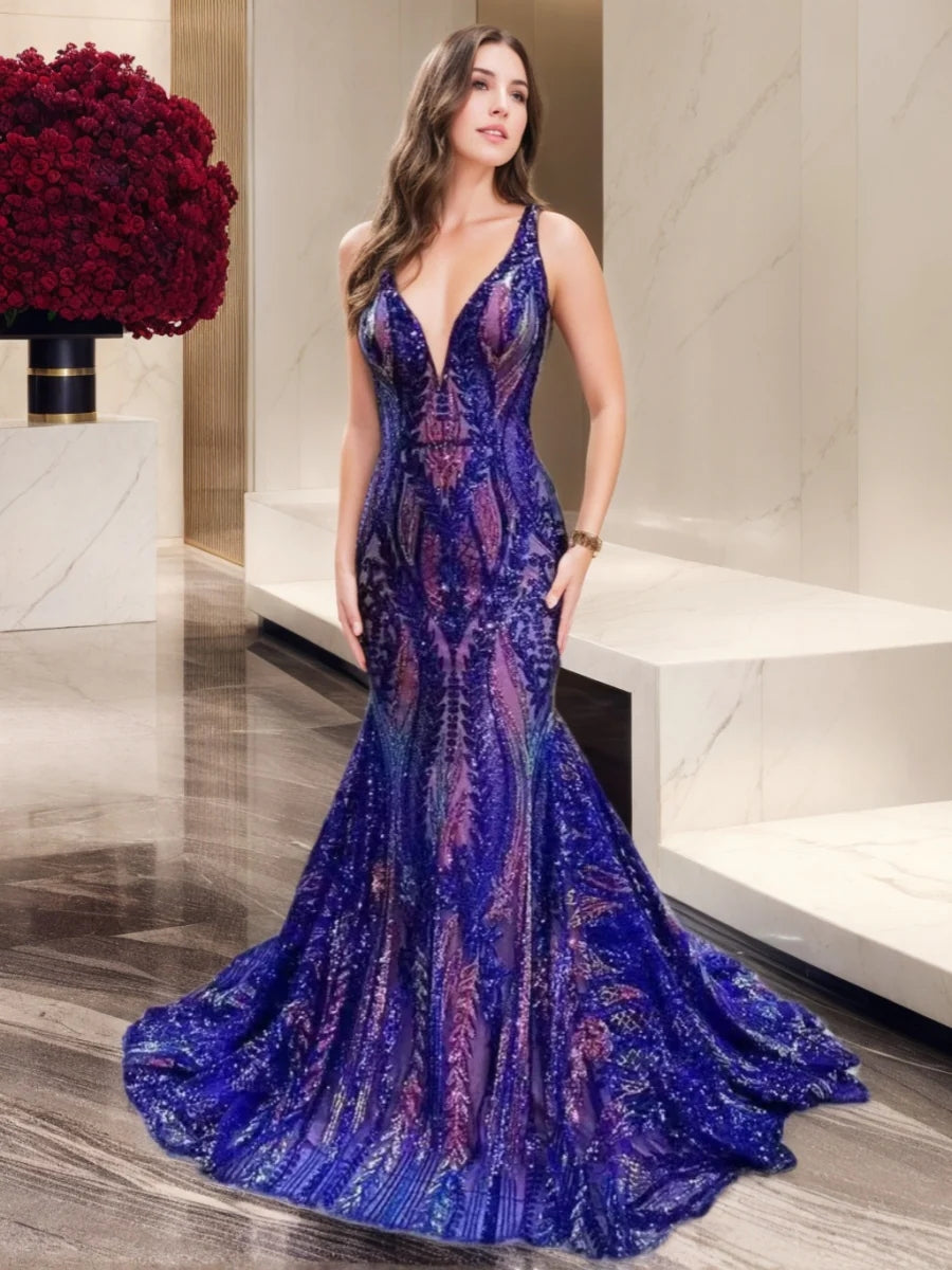 Trumpet/Mermaid V-Neck Sleeveless Floor-length Long Prom Floral Dresses with Sequins BabaMila