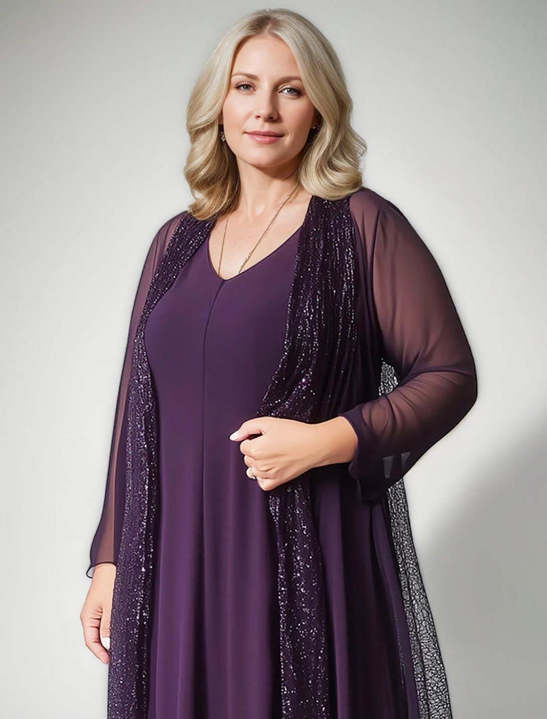 A-Line/Princess V-Neck Sleeveless Asymmetrical Mother Of The Bride Dresses With Sheer Sparkle Long Jacket BabaMila