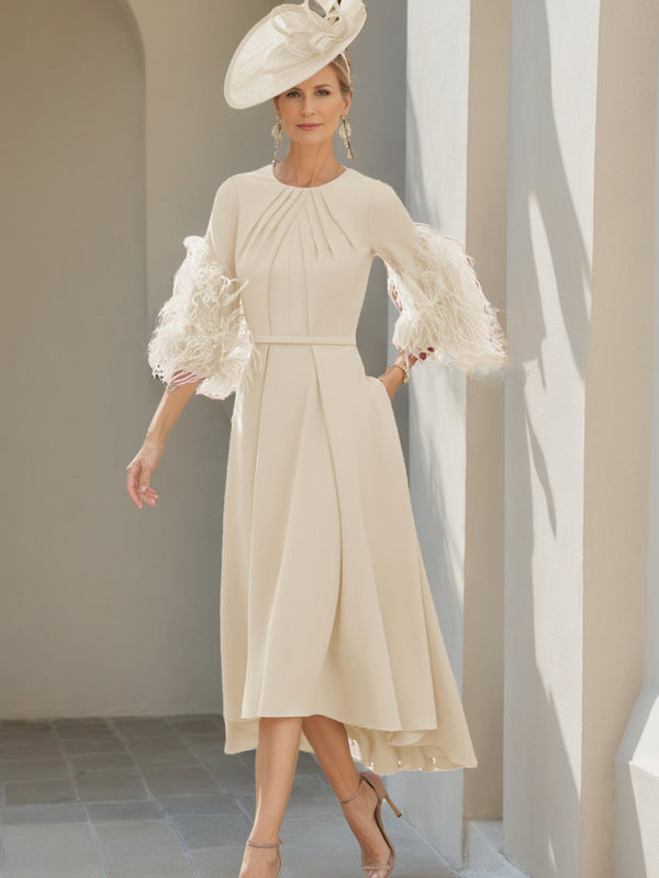 A-Line/Princess Scoop Half Sleeves Tea-Length Mother Of The Bride Dresses With Feathers BabaMila