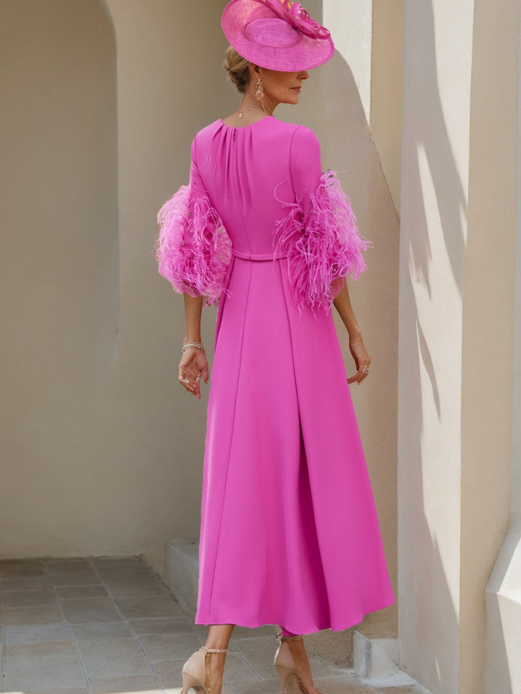 A-Line/Princess Scoop Half Sleeves Tea-Length Mother Of The Bride Dresses With Feathers BabaMila