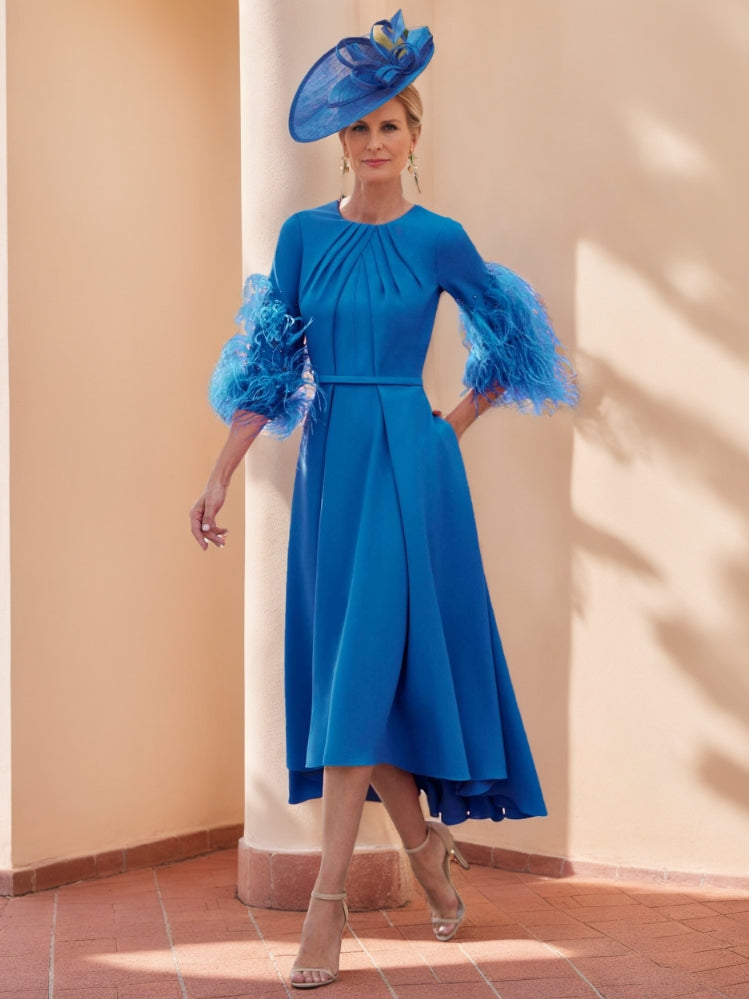A-Line/Princess Scoop Half Sleeves Tea-Length Mother Of The Bride Dresses With Feathers BabaMila
