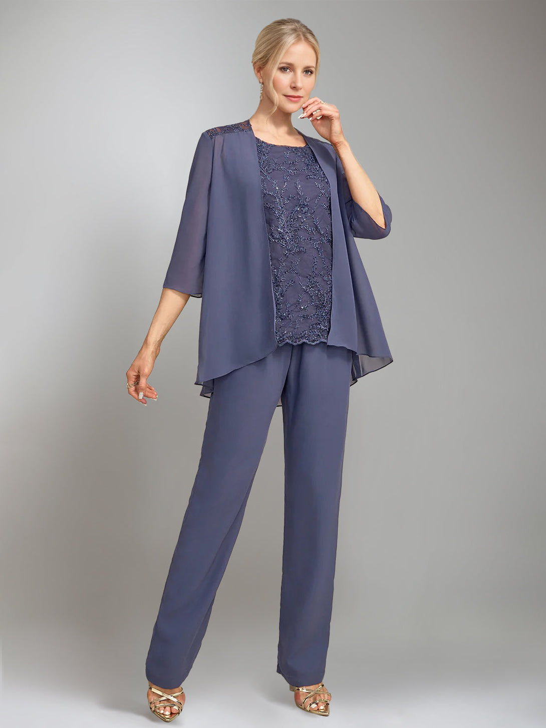 3 Pieces Scoop Sleeveless Floor-Length Mother Of The Bride Pantsuits With Jacket BabaMila