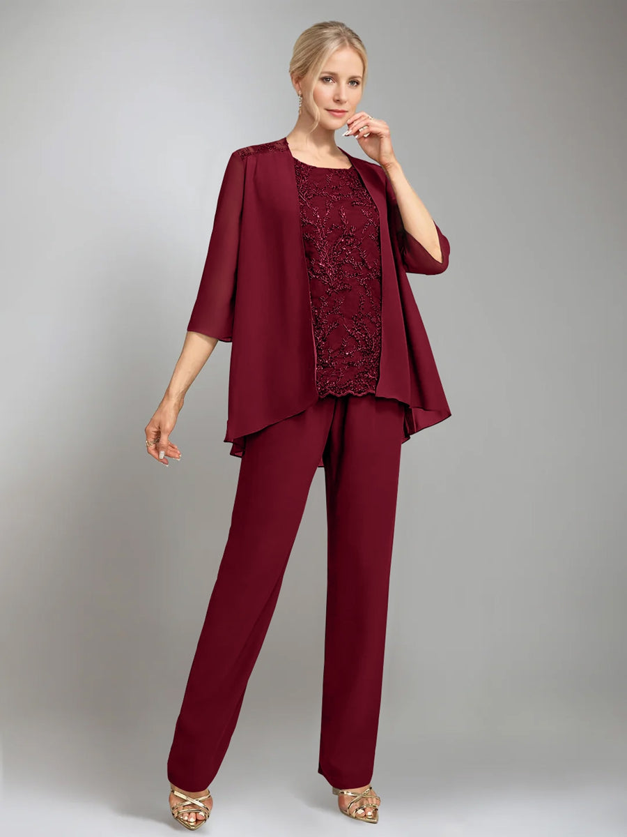 3 Pieces Scoop Sleeveless Floor-Length Mother Of The Bride Pantsuits With Jacket BabaMila