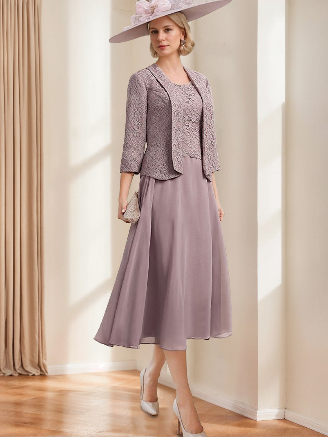 A-Line/Princess Scoop Sleeveless Tea-Length Mother Of The Bride Dresses With Jacket & Lace Appliques BabaMila