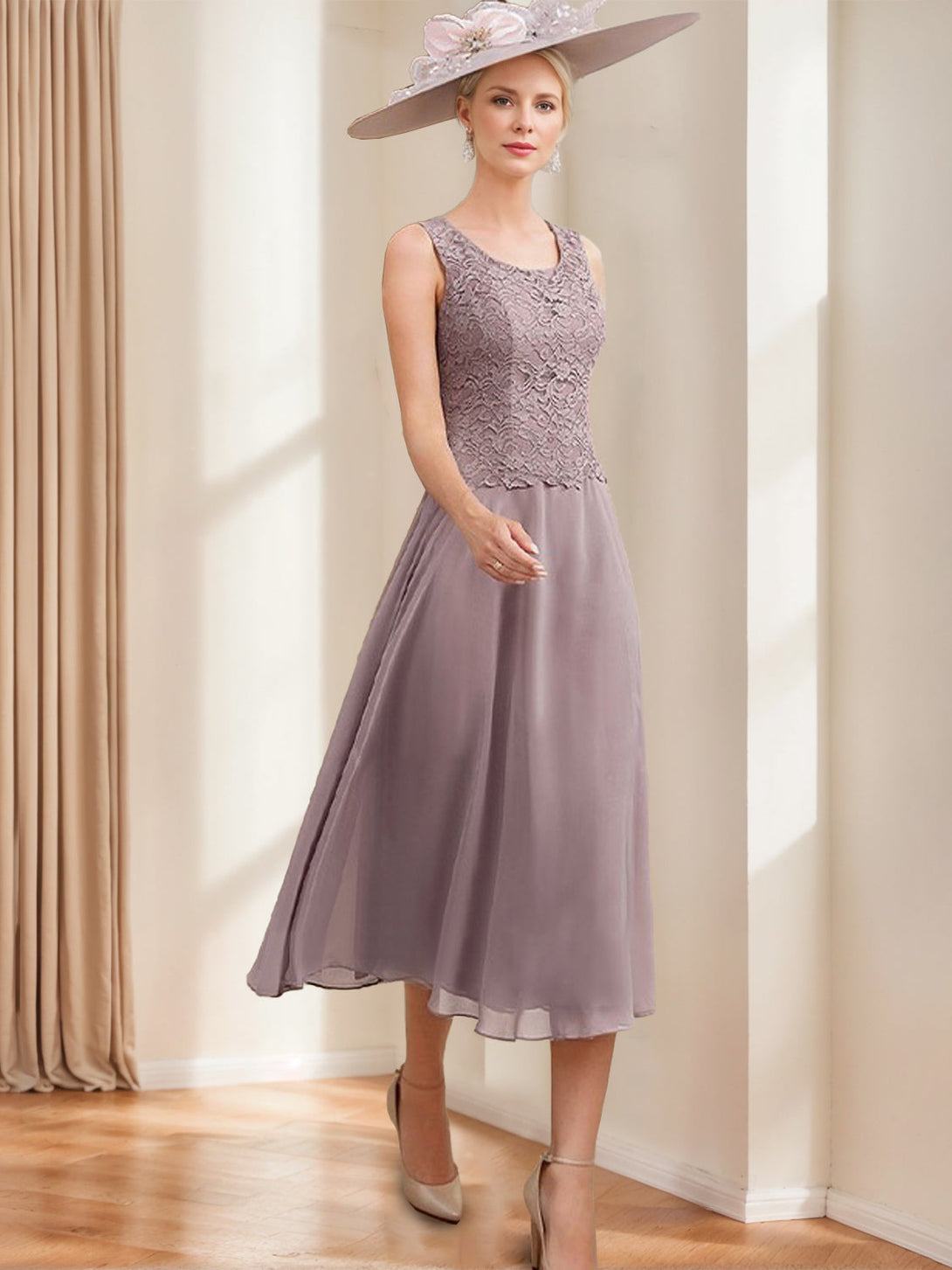 A-Line/Princess Scoop Sleeveless Tea-Length Mother Of The Bride Dresses With Jacket & Lace Appliques BabaMila