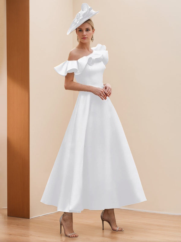 A-Line/Princess One-Shoulder Short Sleeves Ankle-Length Mother Of The Bride Dresses With Ruffles BabaMila