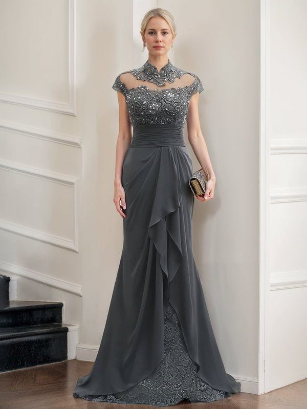 Trumpet/Mermaid High Neck Sweep Train Cap Sleeves Ruched Mother Of The Bride Dresses With Ruffles & Rhinestones BabaMila