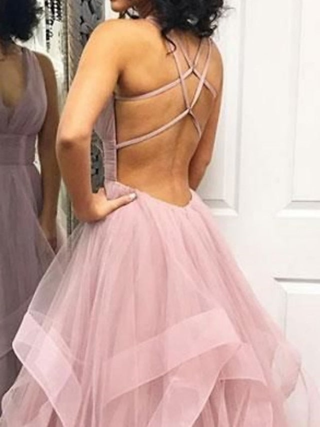 A-Line/Princess V-Neck Tulle Floor-length Prom Dresses With Cascading Ruffles BabaMila