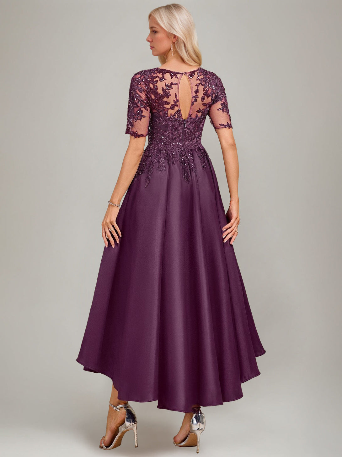 A-Line/Princess Scoop Short Sleeves Asymmetrical Pleated Mother Of The Bride Dresses With Lace Appliques & Sequins BabaMila