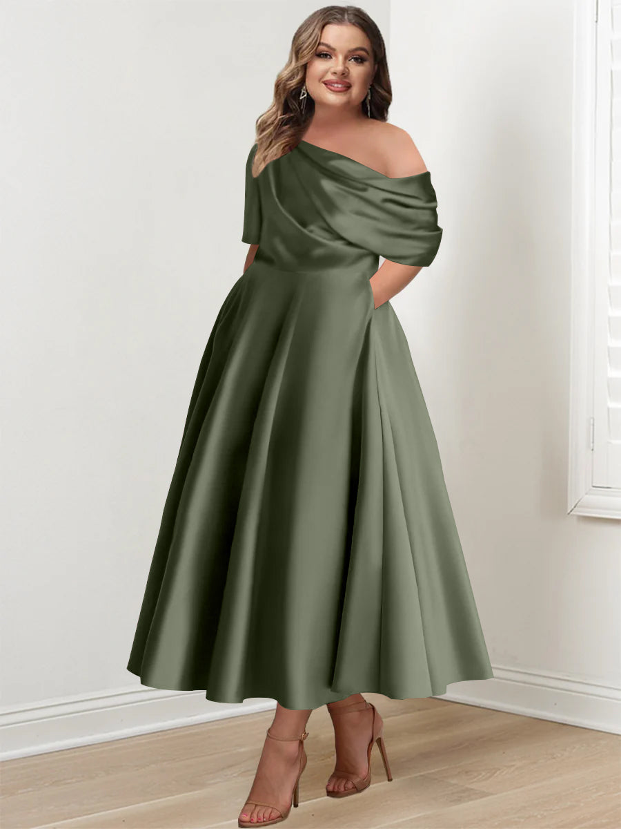 A-Line/Princess One-Shoulder Half Sleeve Ankle-Length Plus Size Mother Of The Bride Dresses With Ruffles BabaMila