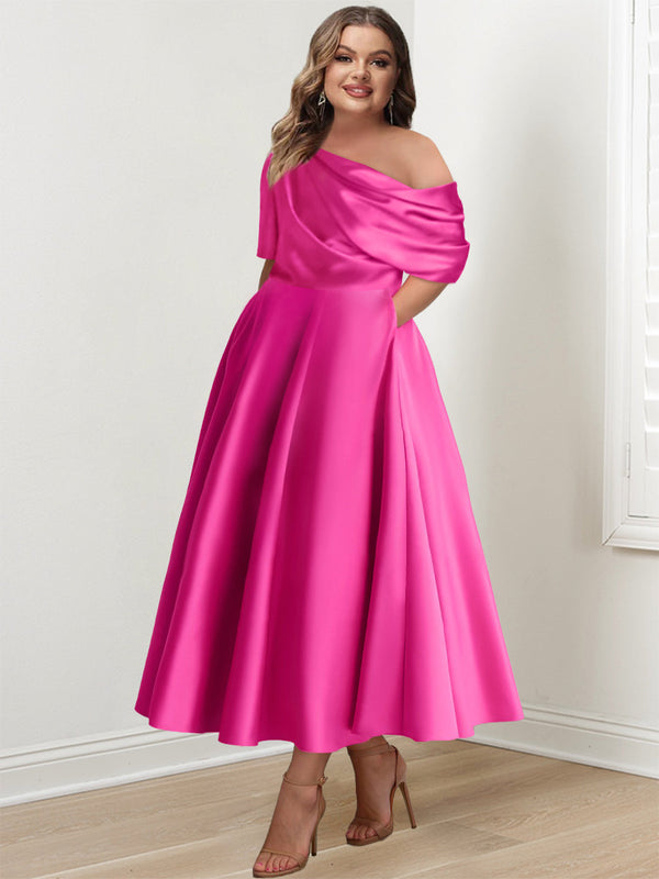 A-Line/Princess One-Shoulder Half Sleeve Ankle-Length Plus Size Mother Of The Bride Dresses With Ruffles BabaMila