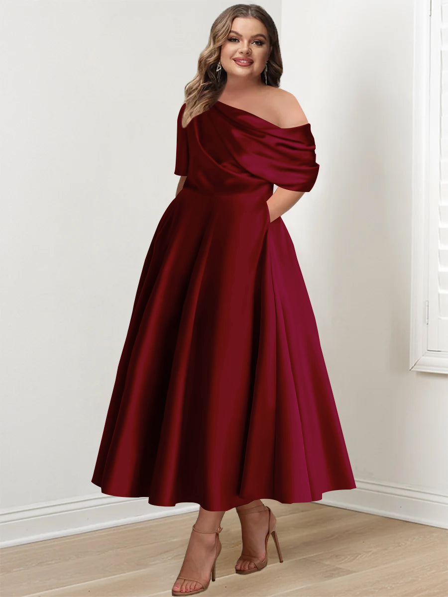 A-Line/Princess One-Shoulder Half Sleeve Ankle-Length Plus Size Mother Of The Bride Dresses With Ruffles BabaMila