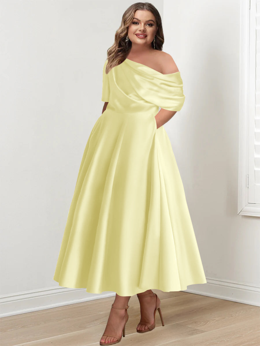 A-Line/Princess One-Shoulder Half Sleeve Ankle-Length Plus Size Mother Of The Bride Dresses With Ruffles BabaMila