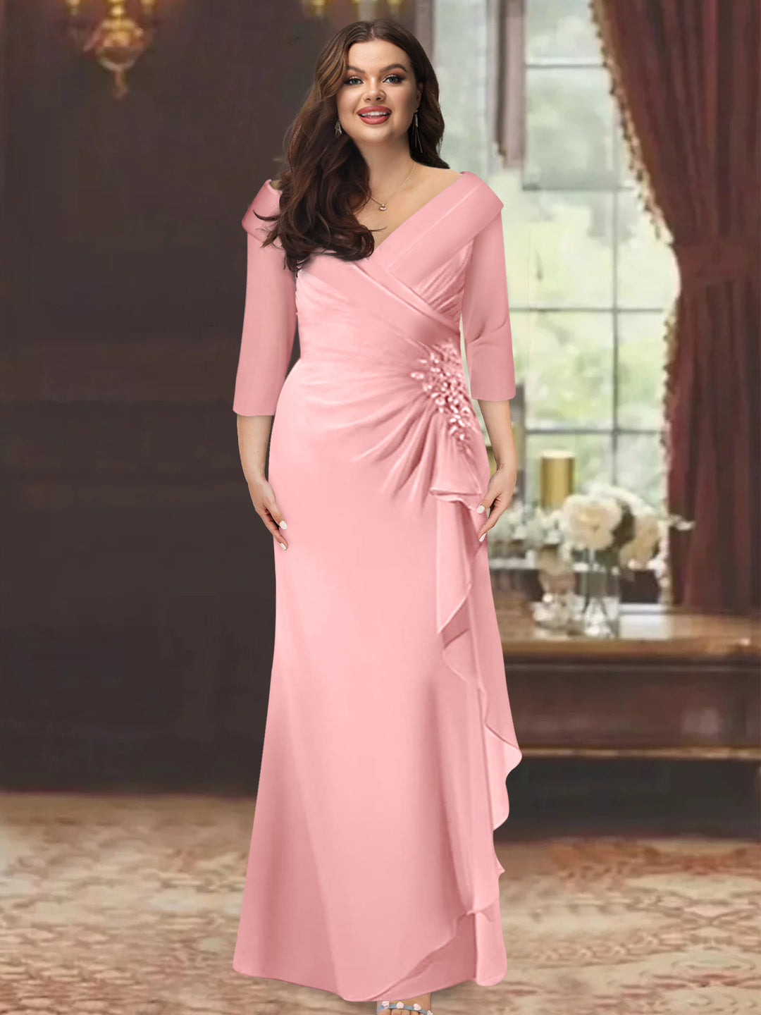 Sheath/Column V-Neck Half Sleeves Floor-Length Plus Size Mother Of The Bride Dresses With Ruffles & Appliques BabaMila