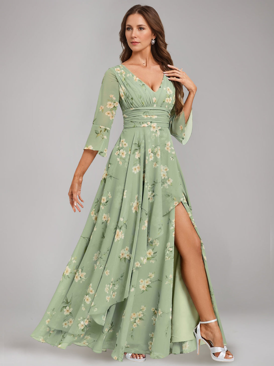A-Line/Princess V-Neck 3/4 Sleeves Floor-Length Ruched Printed Floral Pleated Mother Of The Bride Dresses With Ruffles & Slit BabaMila