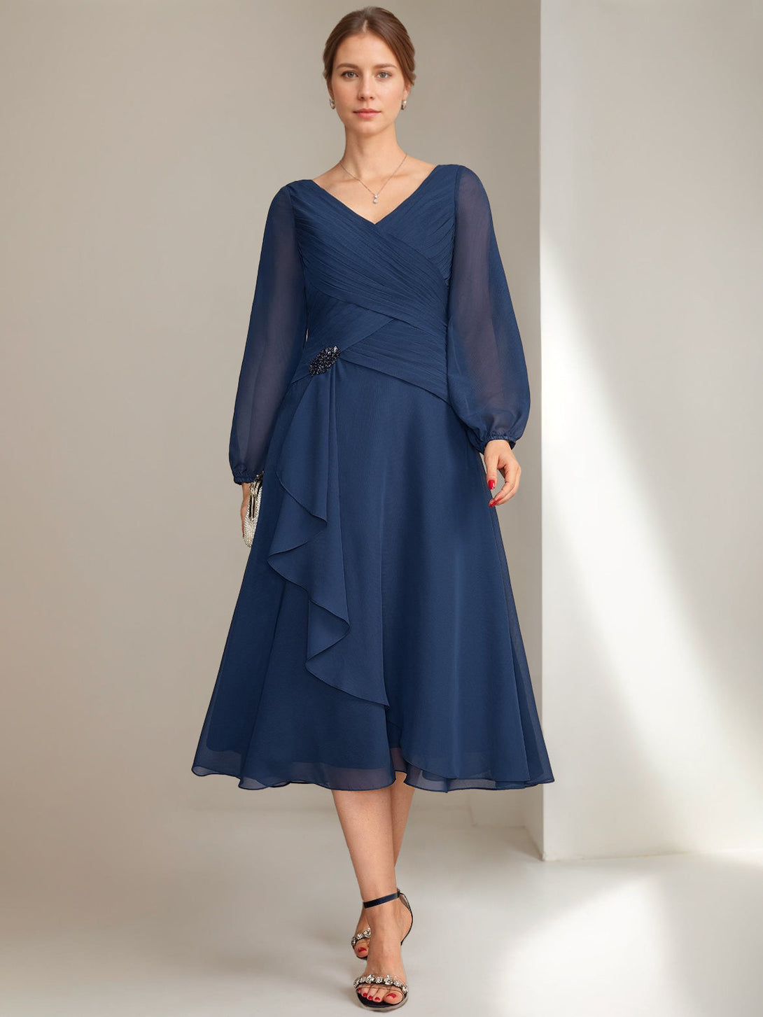 A-Line/Princess V-Neck Long Sleeves Tea-Length Ruched Mother Of The Bride Dresses With Ruffles & Jewel Appliques BabaMila