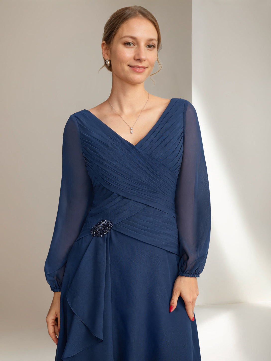 A-Line/Princess V-Neck Long Sleeves Tea-Length Ruched Mother Of The Bride Dresses With Ruffles & Jewel Appliques BabaMila