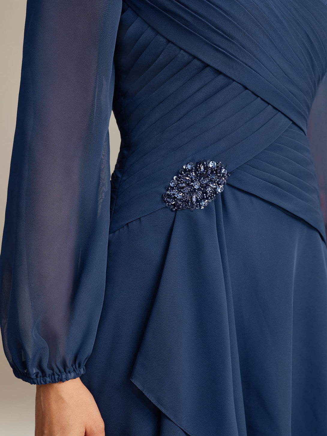 A-Line/Princess V-Neck Long Sleeves Tea-Length Ruched Mother Of The Bride Dresses With Ruffles & Jewel Appliques BabaMila