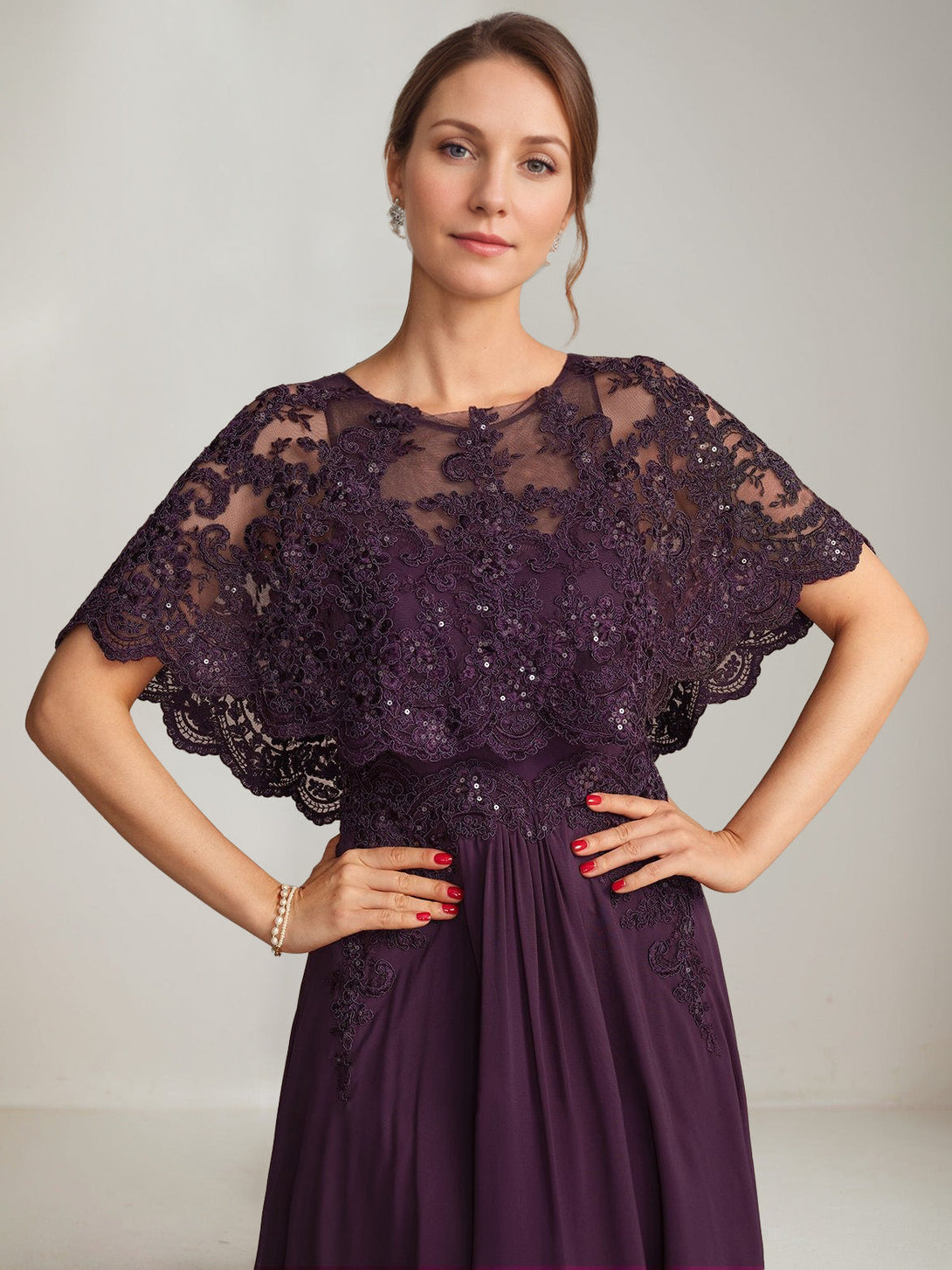 A-Line/Princess Scoop Cape Sleeves Floor-Length Pleated Mother Of The Bride Dresses With Lace Appliques & Sequins BabaMila