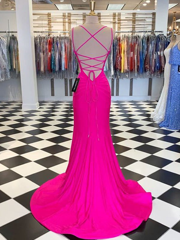 Women's Trumpet/Mermaid Spandex V-neck Floor-Length Long Prom Dresses With Pleated BabaMila