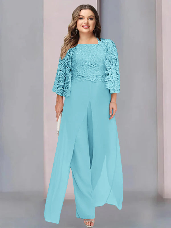 Chiffon Square Neck Floor-Length Plus Size Mother Of The Bride Pantsuits With Jacket & Split Side BabaMila