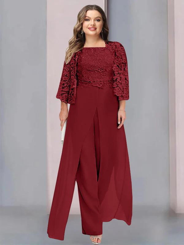 Chiffon Square Neck Floor-Length Plus Size Mother Of The Bride Pantsuits With Jacket & Split Side BabaMila