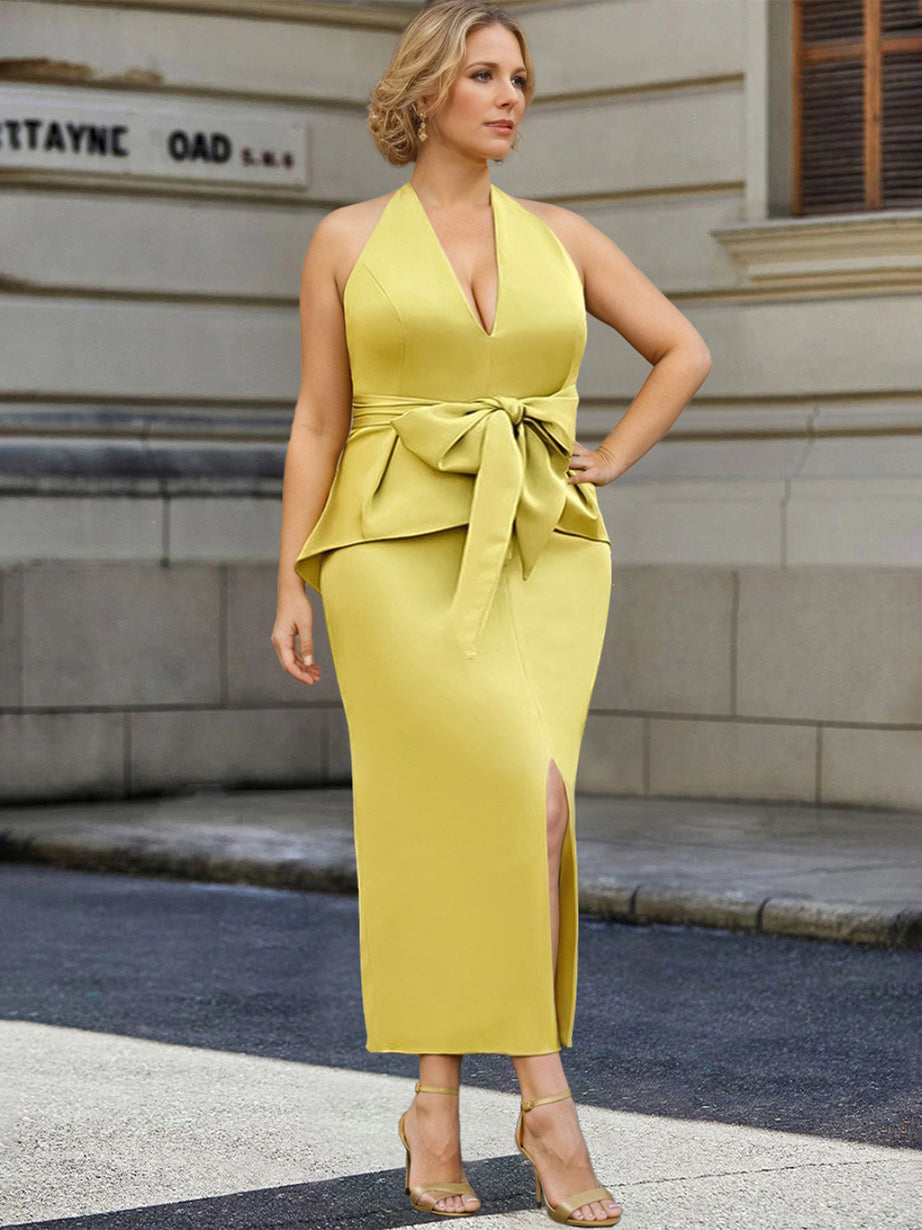 Sheath/Column Halter Sleeveless Tea-Length Plus Size Mother Of The Bride Dresses With Bowknot BabaMila