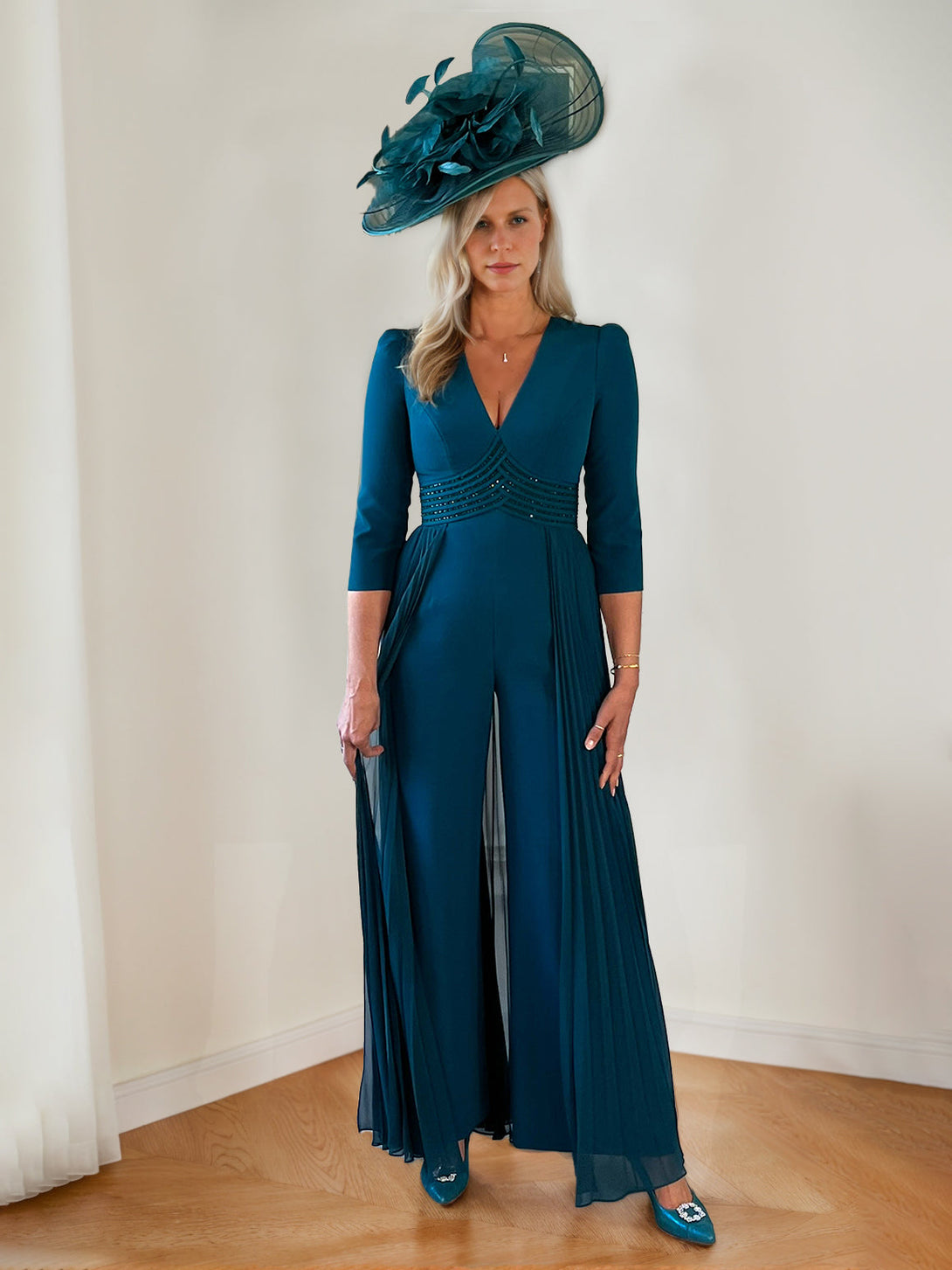 Plunge V-Neck 3/4 Sleeves Ankle-Length Mother Of The Bride Jumpsuit With Beads & Pleated Watteau Train BabaMila