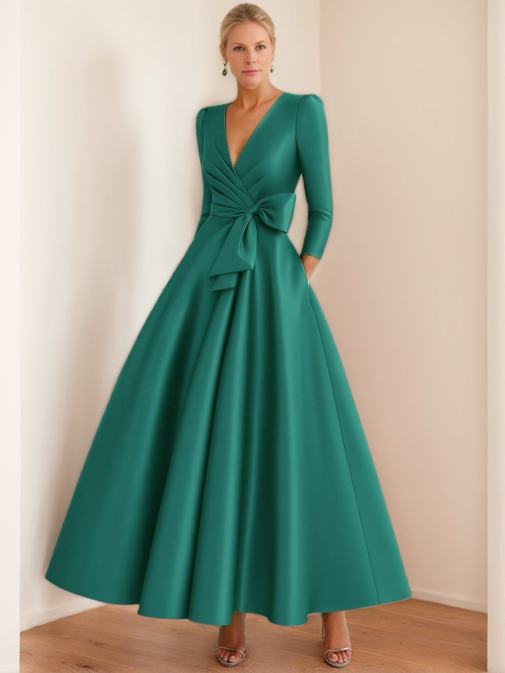 A-Line/Princess V-Neck 3/4 Sleeves Ruched Floor-Length Pleated Mother Of The Bride Dresses With Bow BabaMila