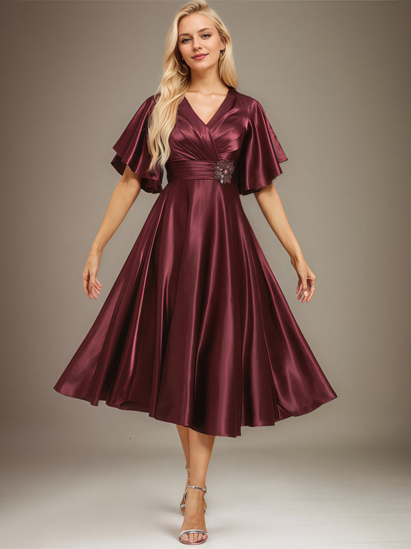 A-Line V-Neck Flutter Straps Tea-Length Satin Mother of the Bride Dress With Pleated/Beads Belt BabaMila