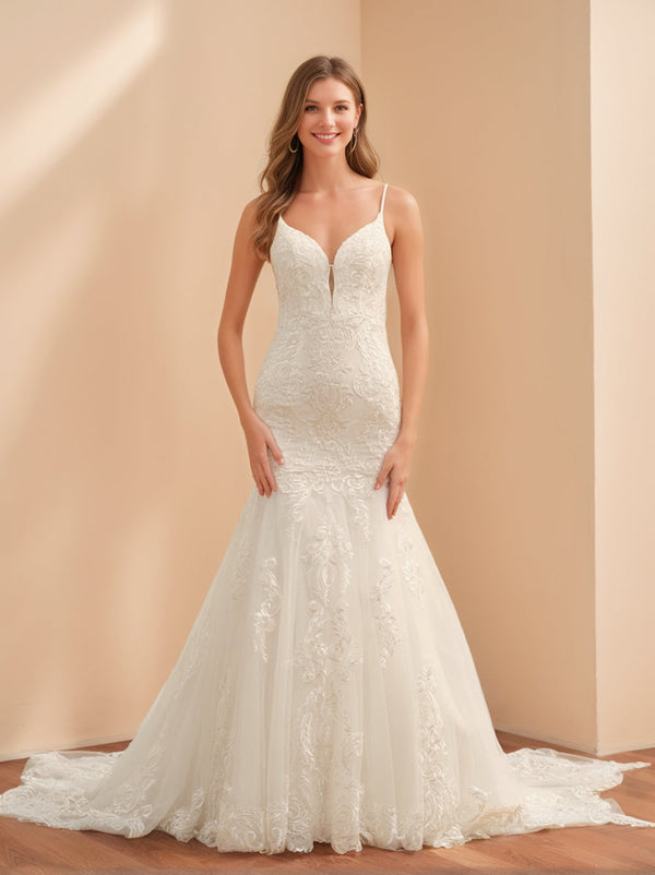 Trumpet/Mermaid Spaghetti Straps Sleeveless Long Tulle Wedding Dresses with Lace Appliques BabaMila