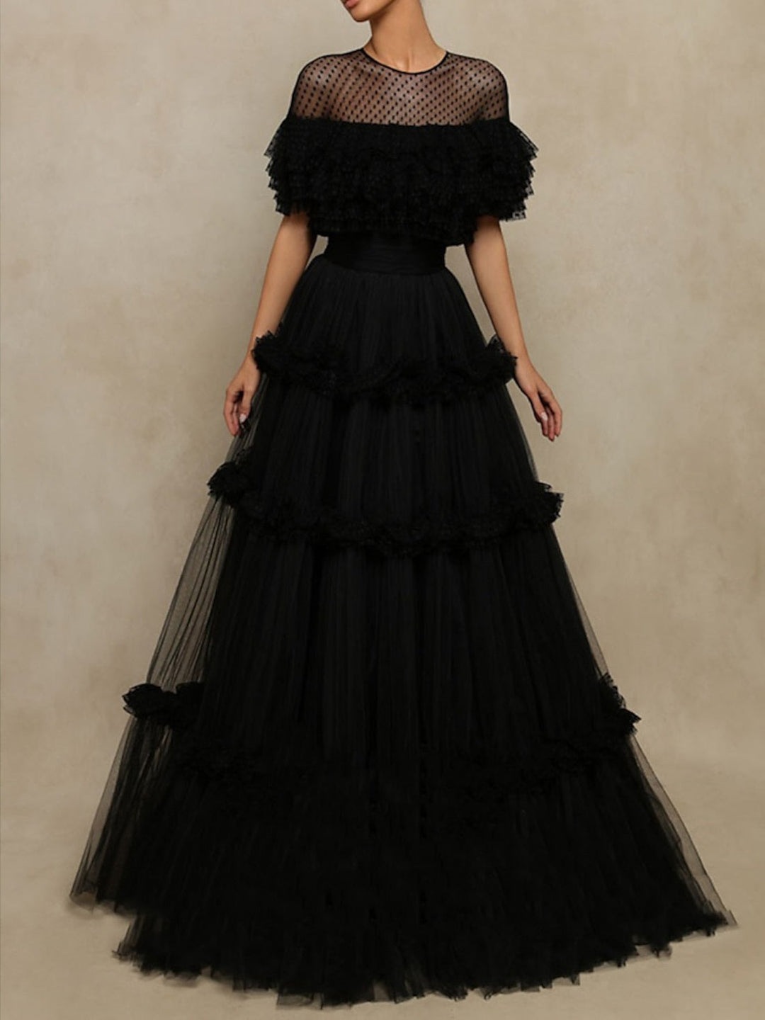 A-Line/Princess Illusion Round Neck Tulle Long Dresses With Polka Dots/Ruffled Hem BabaMila