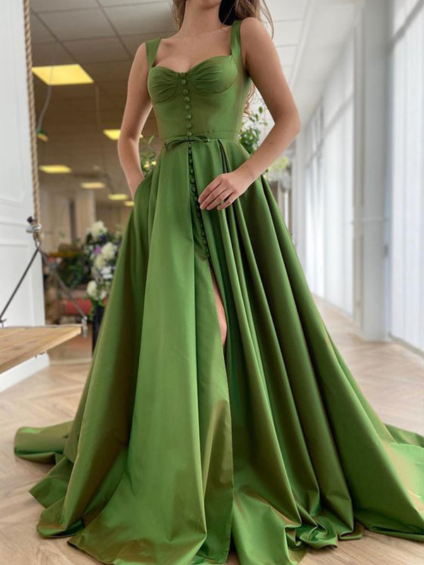 Women's A-Line/Princess Satin Straps Sweep/Brush Train Long Prom Dresses With Pleated BabaMila