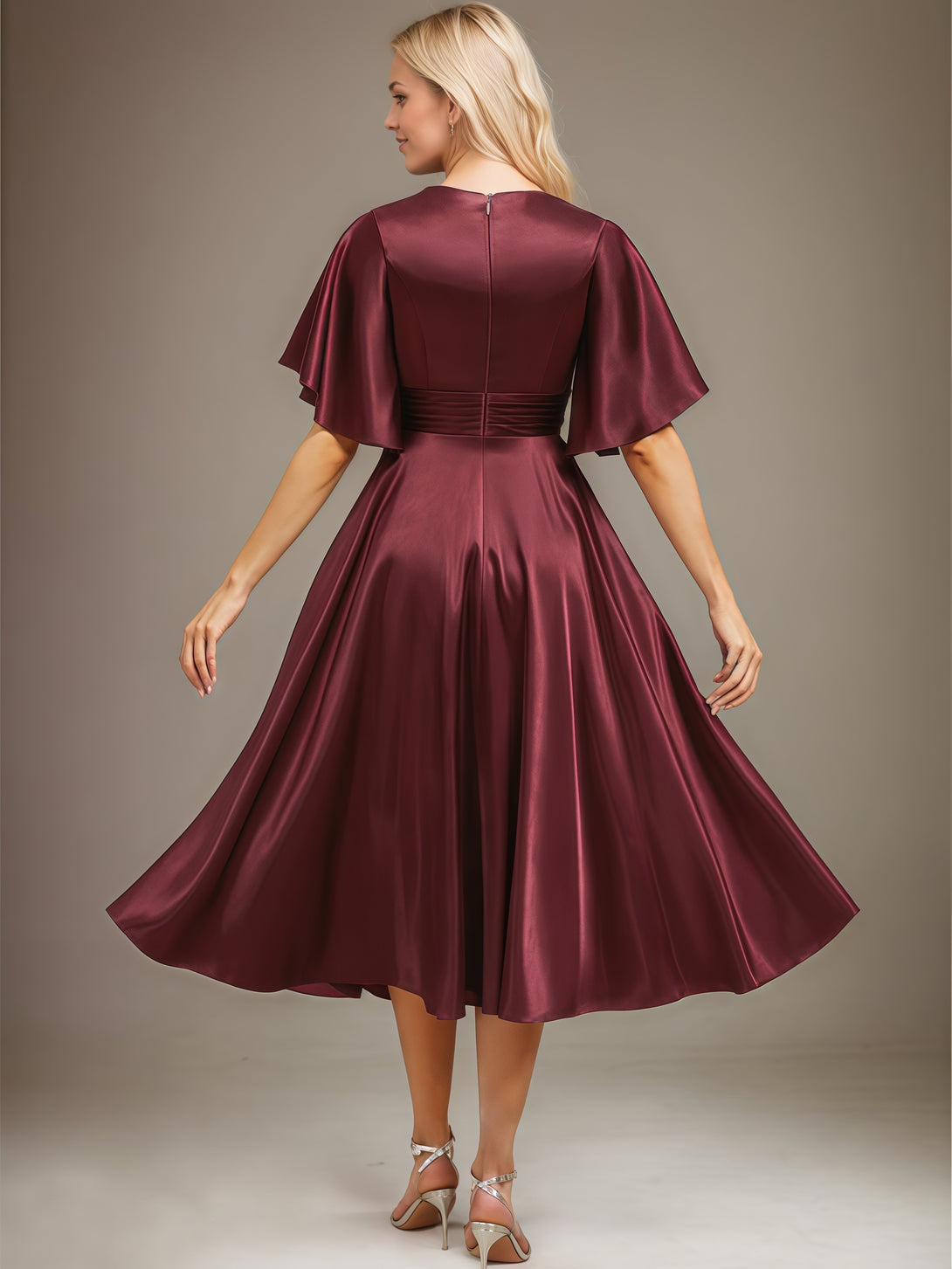 A-Line V-Neck Flutter Straps Tea-Length Satin Mother of the Bride Dress With Pleated/Beads Belt BabaMila