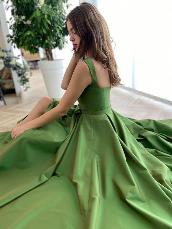 Women's A-Line/Princess Satin Straps Sweep/Brush Train Long Prom Dresses With Pleated BabaMila