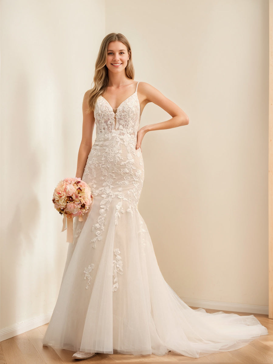 Trumpet/Mermaid Spaghetti Straps Sleeveless Long Tulle Wedding Dresses with Lace Appliques BabaMila