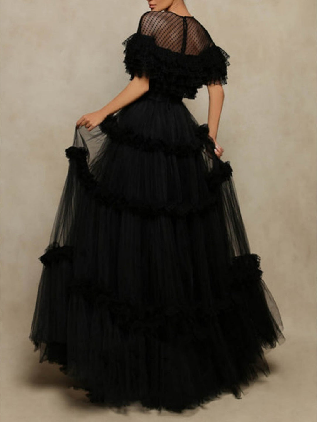 A-Line/Princess Illusion Round Neck Tulle Long Dresses With Polka Dots/Ruffled Hem BabaMila