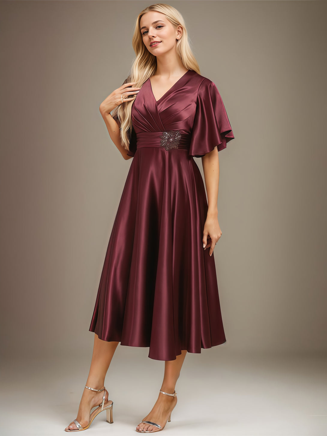 A-Line V-Neck Flutter Straps Tea-Length Satin Mother of the Bride Dress With Pleated/Beads Belt BabaMila