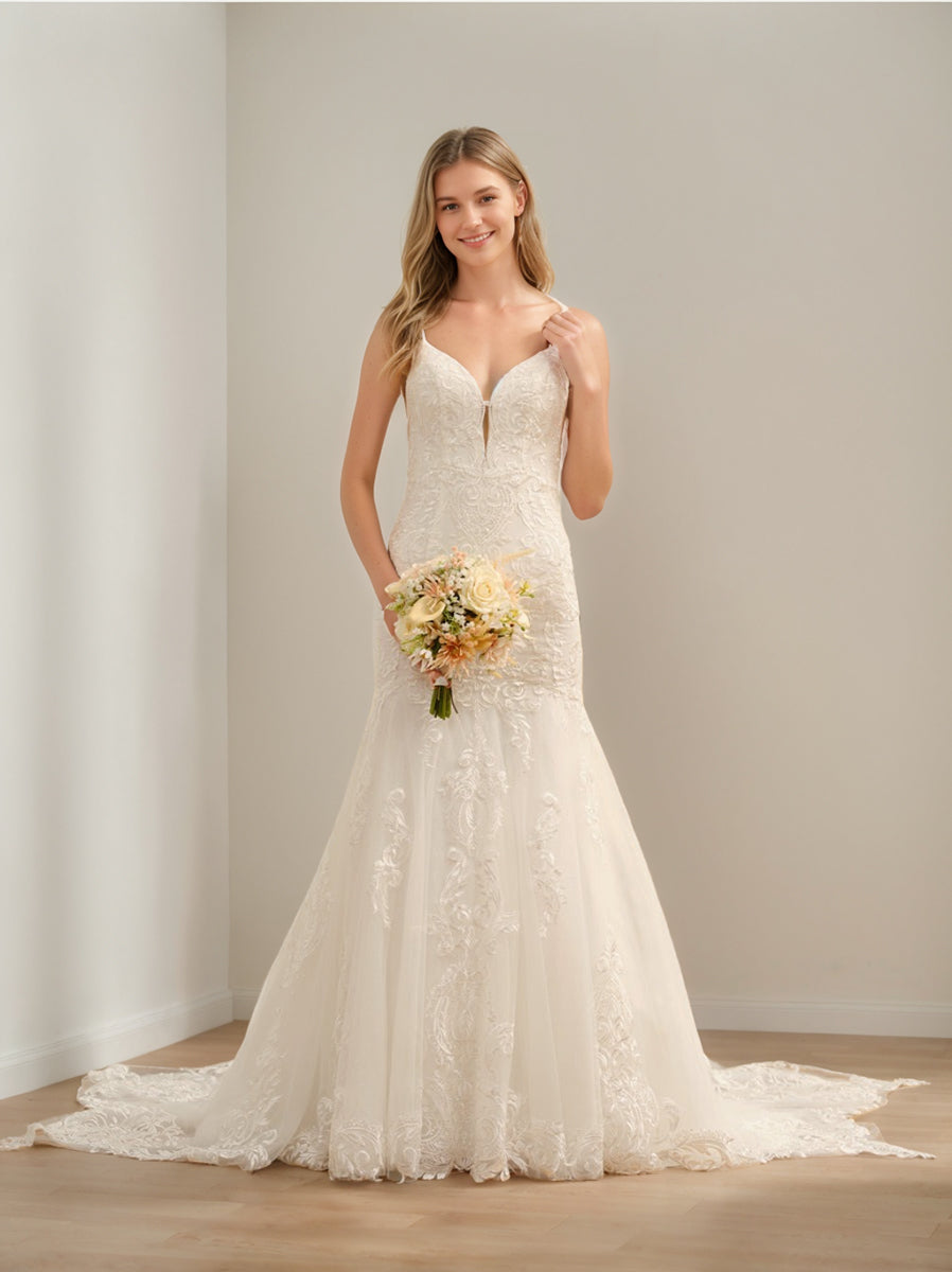 Trumpet/Mermaid Spaghetti Straps Sleeveless Long Tulle Wedding Dresses with Lace Appliques BabaMila