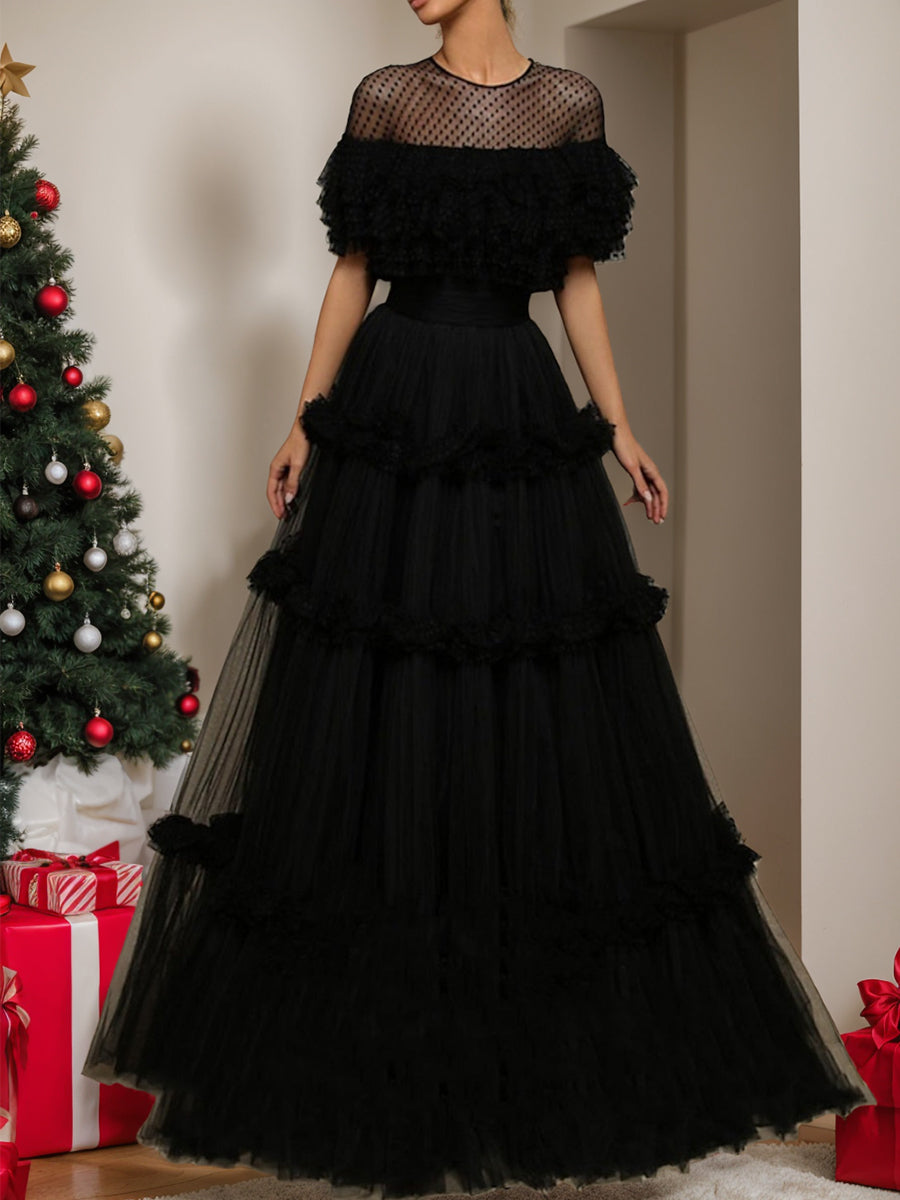 A-Line/Princess Illusion Round Neck Tulle Long Dresses With Polka Dots/Ruffled Hem BabaMila