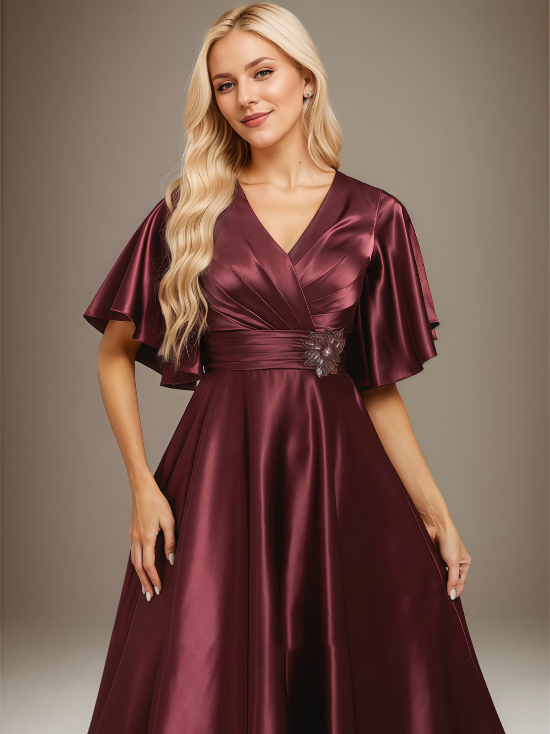 A-Line V-Neck Flutter Straps Tea-Length Satin Mother of the Bride Dress With Pleated/Beads Belt BabaMila
