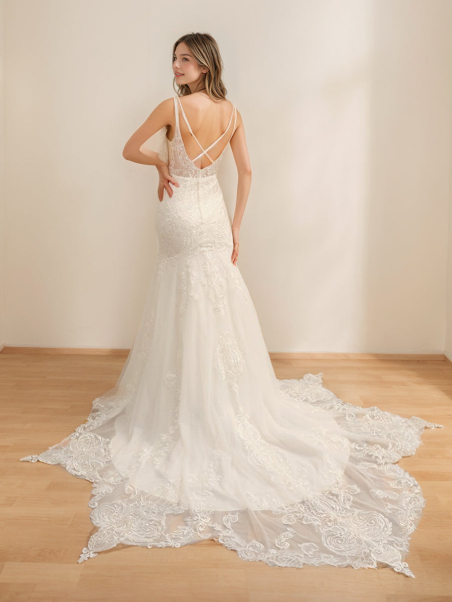 Trumpet/Mermaid Spaghetti Straps Sleeveless Long Tulle Wedding Dresses with Lace Appliques BabaMila